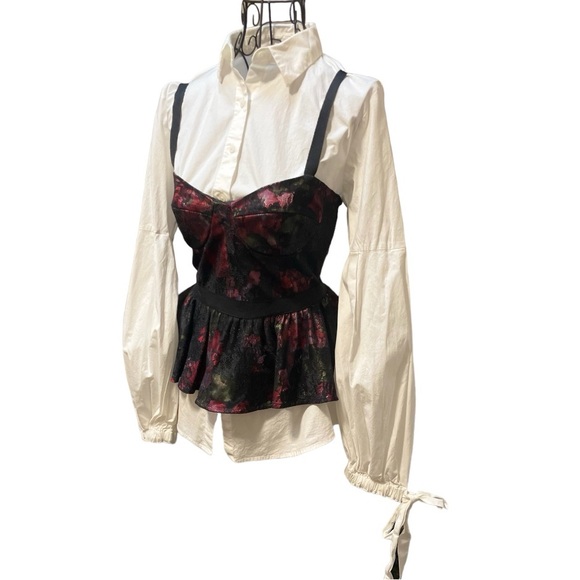 🥀 Pearl by Georgina Chapman of Marchesa Black Red Floral Lace Bustier Top | 2 - Picture 2 of 14